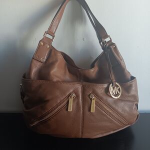 Michael Kors Portland Brown Leather Hobo Bag with Gold Hardware and MK Bag Charm